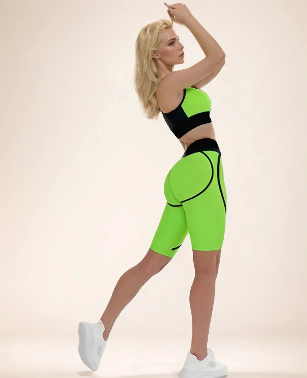 Compleu Modelator Fitness cu Bustiera Push-Up si Colant Scurt Verde Neon