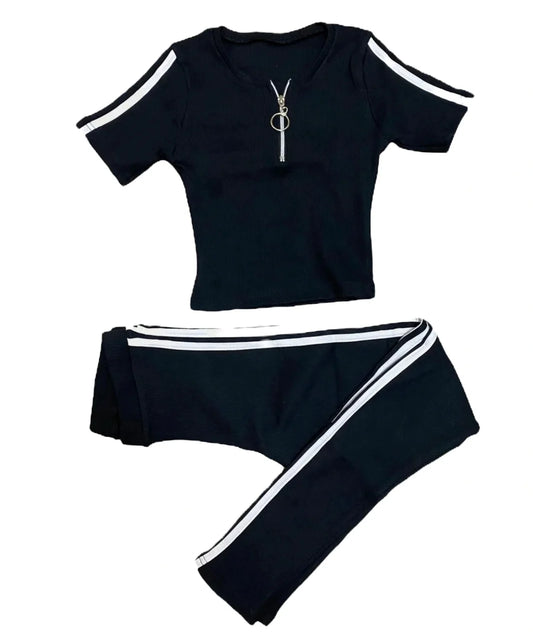 Compleu Sport din Bumbac Reiat Negru cu Dungi Albe